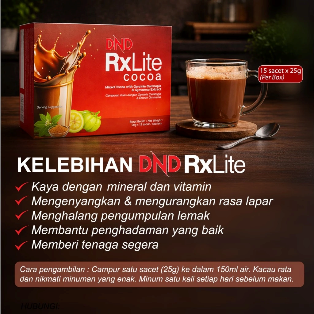 DND RxLite Cocoa packaging with a cup of cocoa on a wooden table
